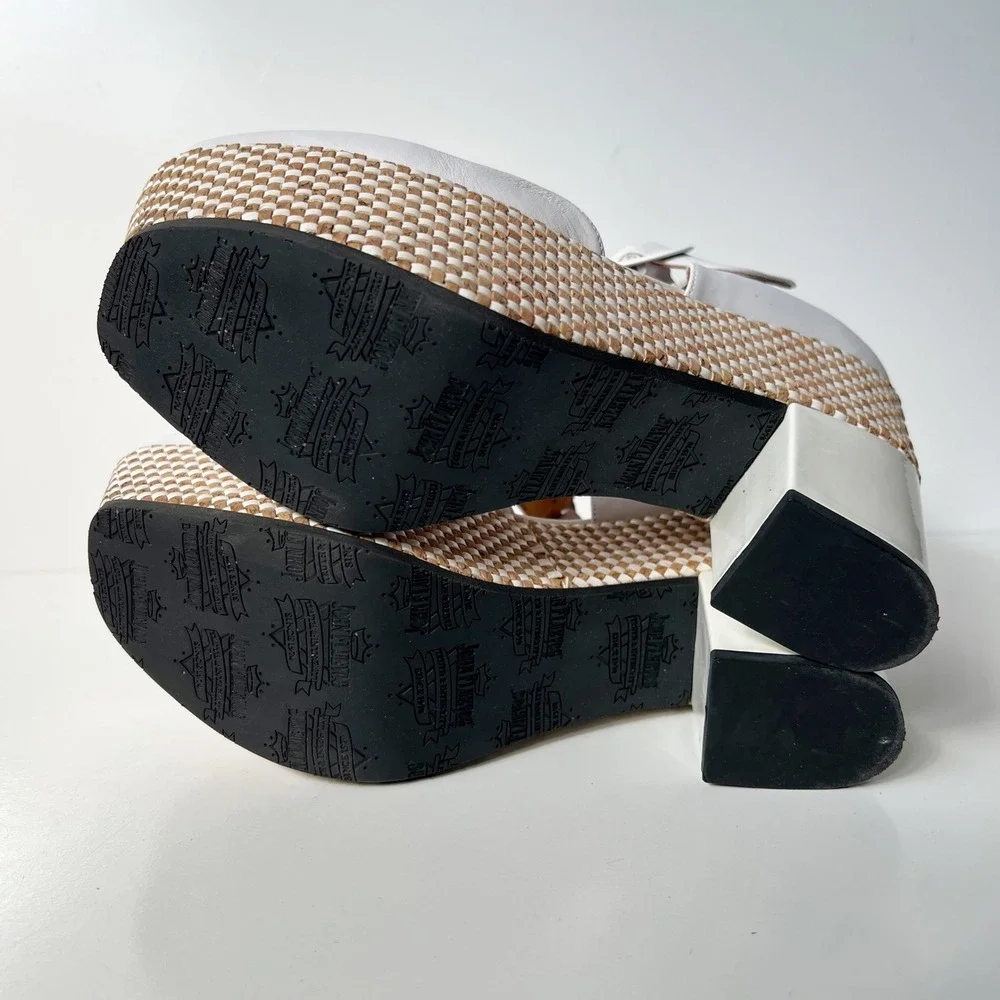 John Fluevog Ana Rita Platform Mary Jane 9 White Leather Woven Cork Block Heel